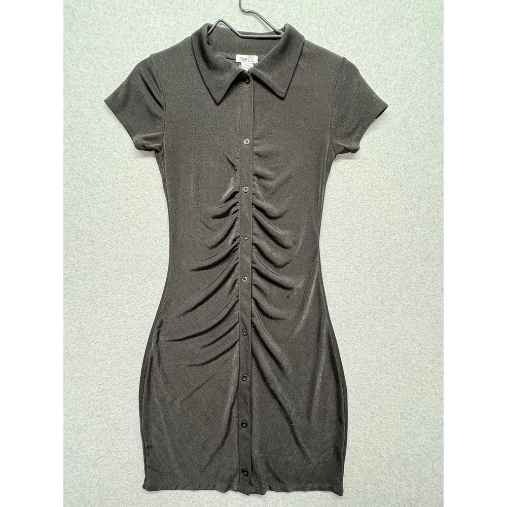 Rue21 Womens Black Ruched Button Front Collared Short Sleeve Mini Bodycon Dress